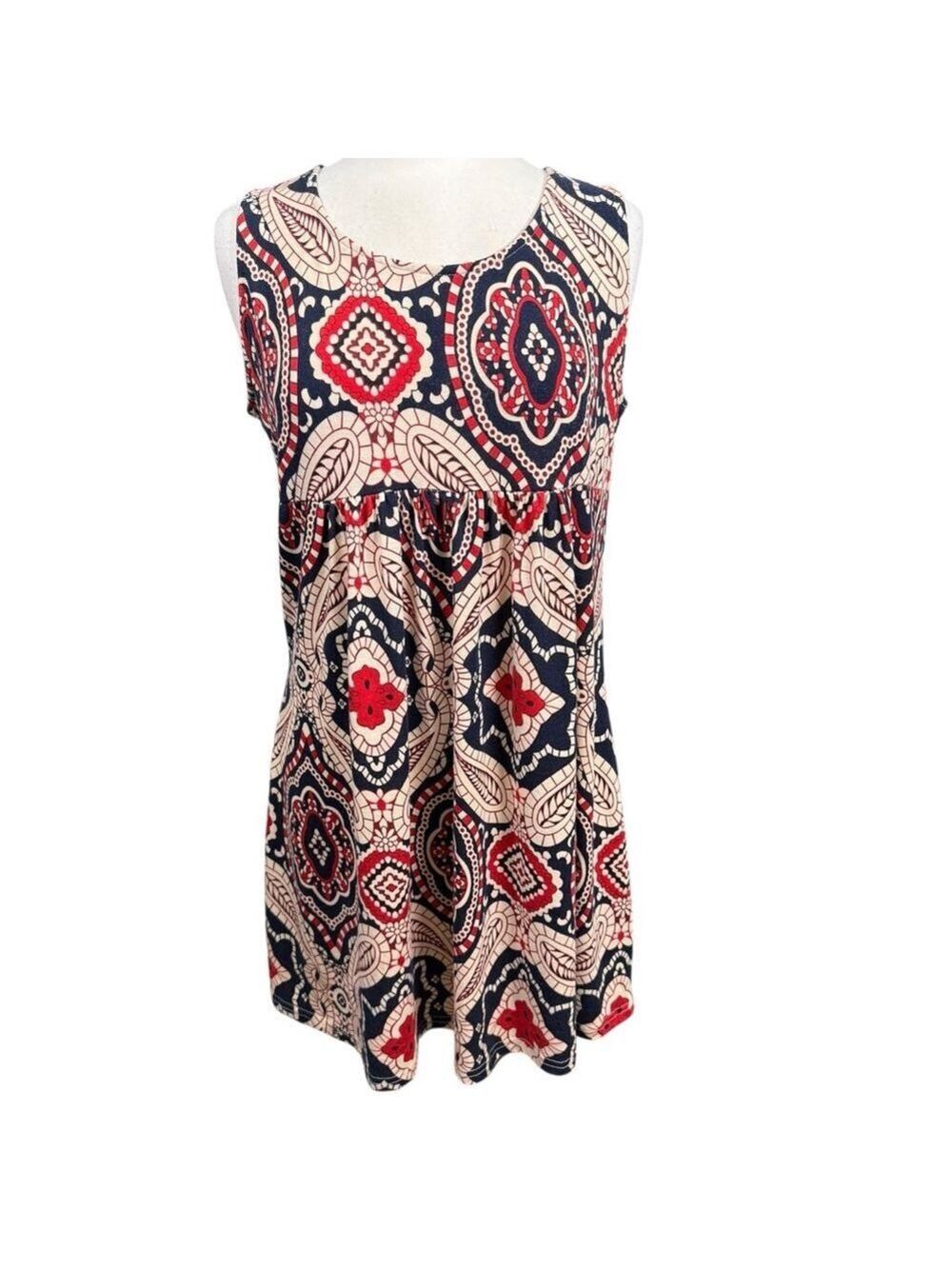 Reborn Sleeveless‎ Dress Size L Blue Red Patterned